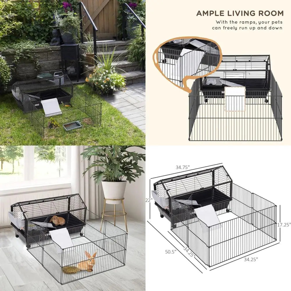 Small Animal Cage with Foldable Run Area, Rolling Bunny Cage, Guinea Pig Cage, Hedgehog Cage with Water Bottle, Water Bowl, and