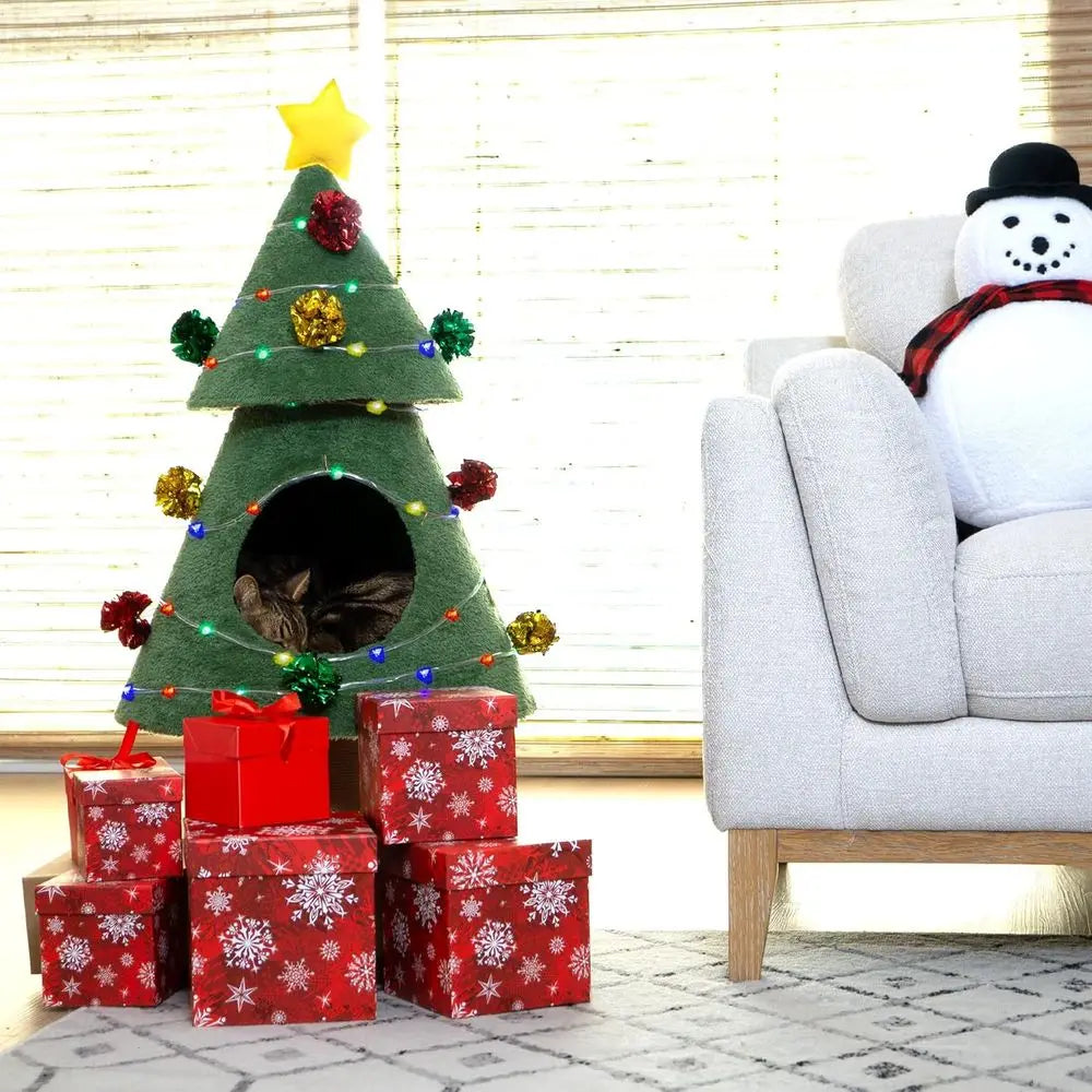 Cat Christmas Tree – Cat Proof Christmas Tree, 3ft Tall Safe for Cats with Cat-Safe Ornaments and LED Lights – Topple-Proof Desi