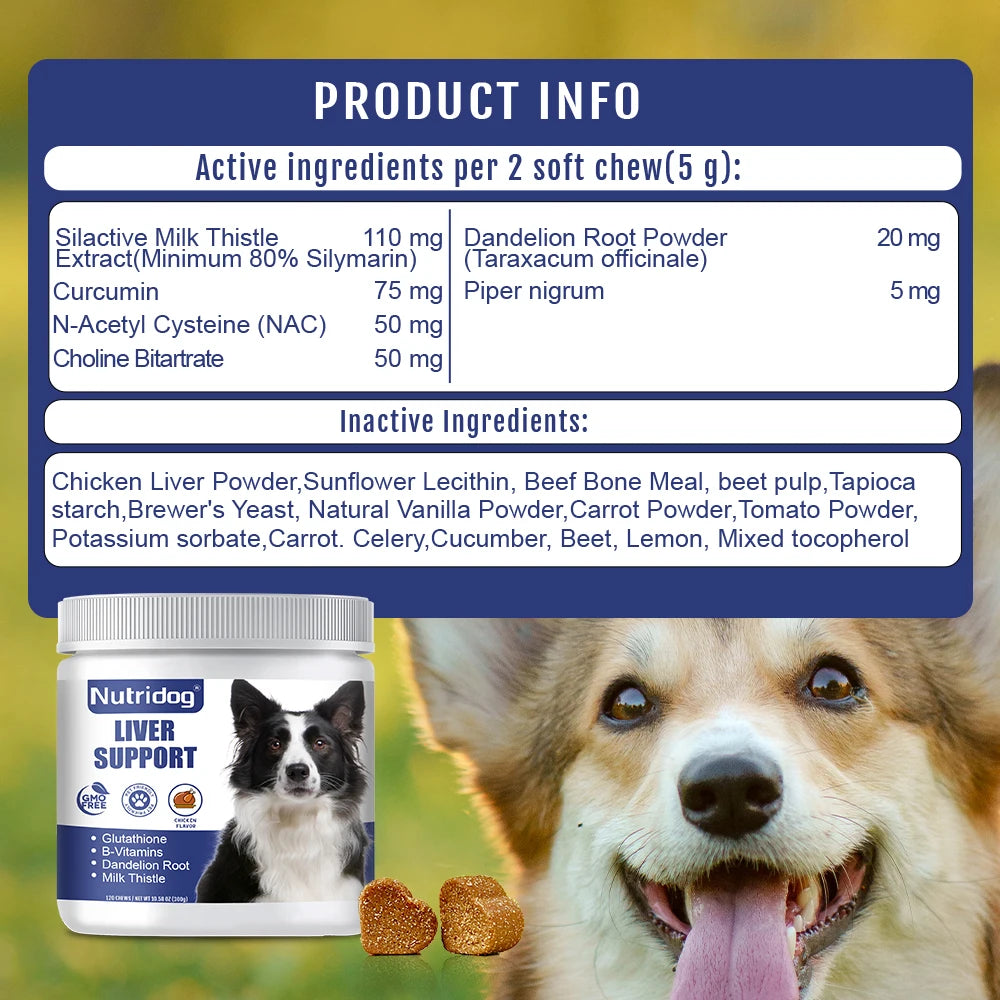 NUTRIDOG Dog Liver Support Chews Milk Thistle Curcumin Livers Detox Kidney Hepatic Support Chicken Flavor 120 PCS/Bottle