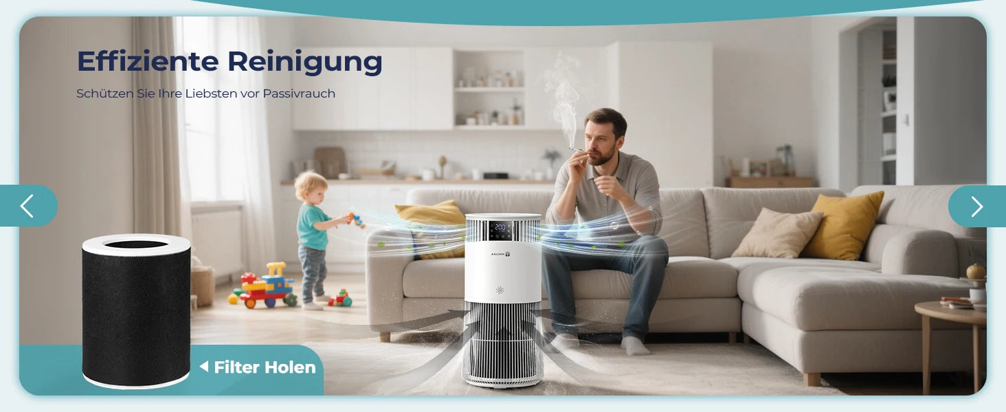 Amicura P2 Air Purifier for Pet Allergy Sufferers 843 m³/h Pet Hair Removal 450 CADR 99% Odour Neutralisation H13 Filter Against