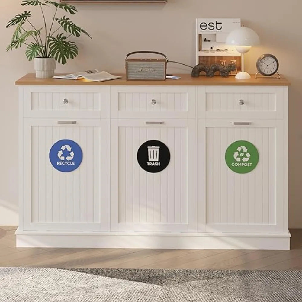 HOME.Triple Tilt Out Trash Can Cabinet 30 Gallon, 3 in 1 Garbage Can Recycling Cabinet, 59 INCH Trash Recycling Compost