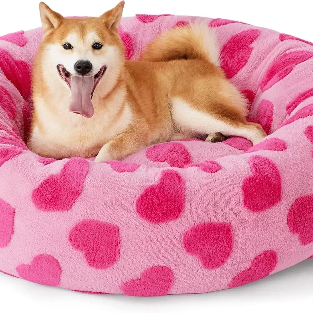 Heart Pink 36 Round Sherpa Plush Dog & Cat Bed with Anti-Slip Base for Indoor Calming and Anxiety Relief