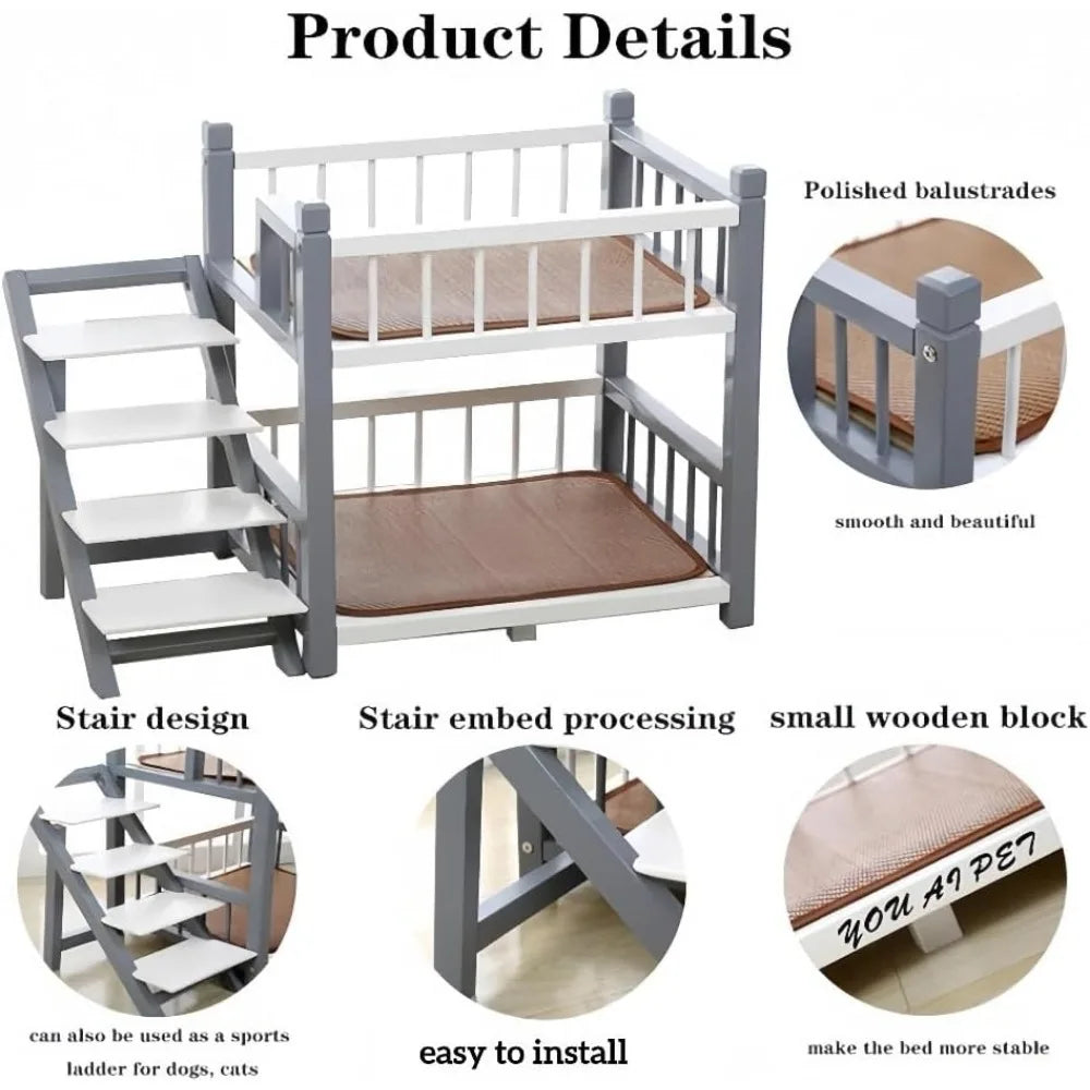 Double Layer Pet Bed with Stairs - Wooden Dog Bunk Bed for Medium to Large Dogs and Cats, Removable Cushions, Pink