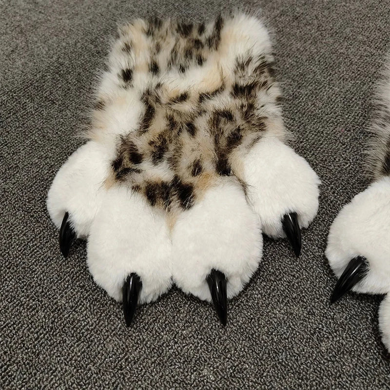 Faux Fur Snow Leopard Claws Fursuit Colorful Furry Cat Paw Halloween Dress Up Cosplay Costume Nail Tiger Claw Lolita Mittens