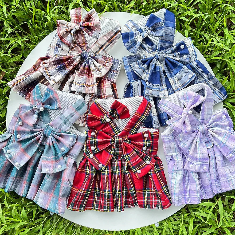 JK-Style Checkered Pet Dress Set - Bow Tie Harness Leash for Dogs & Cats (Christmas/Cosplay)