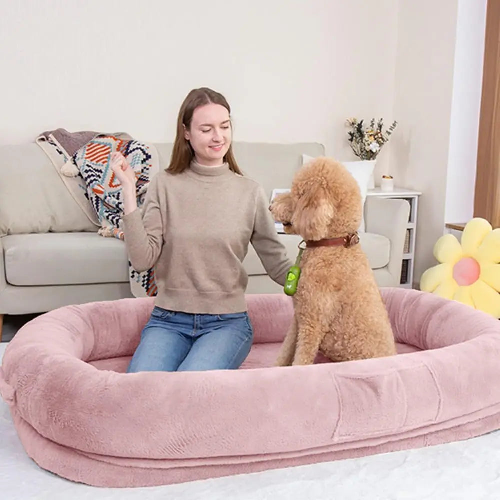 Jumbo Plush Dog Bed for Humans & Pets, 77x51x11 Inches, Waterproof, Removable Cover, Pink