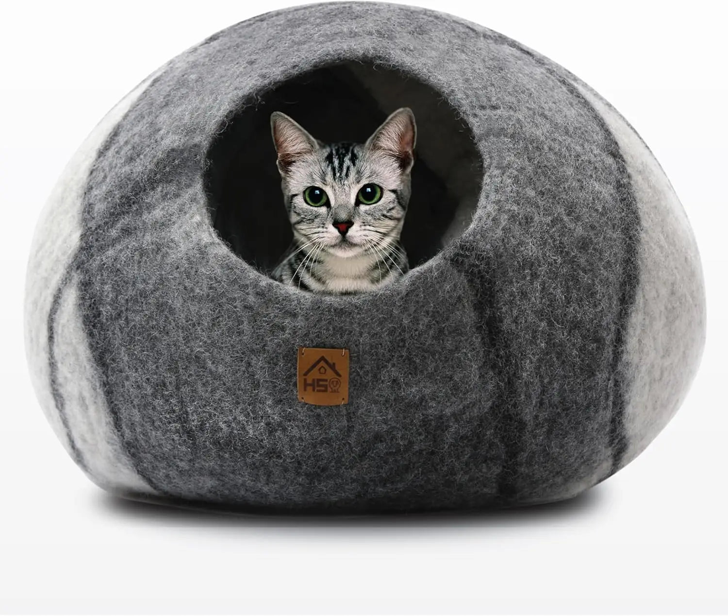 Premium Wool Cat Cave Handmade Natural Felt Bed for Cats Indoor Hideaway Large Gray White