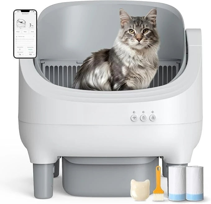 Smart Open-Top Cat Litter Box with Self-Cleaning, App Control, Safety Sensors, Odor Control, 10L Bin, 2 Garbage Rolls, Light Gre