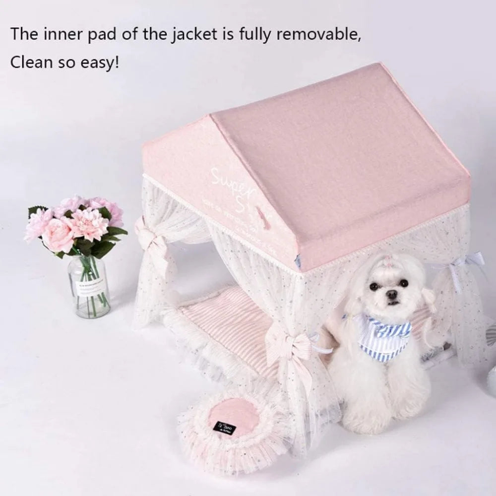 Cute Princess-Style Pet Bed with Soft Winter Warmth, Ideal for Cats and Dogs, Complete with Gauze Curtain and Comfortable Nest f