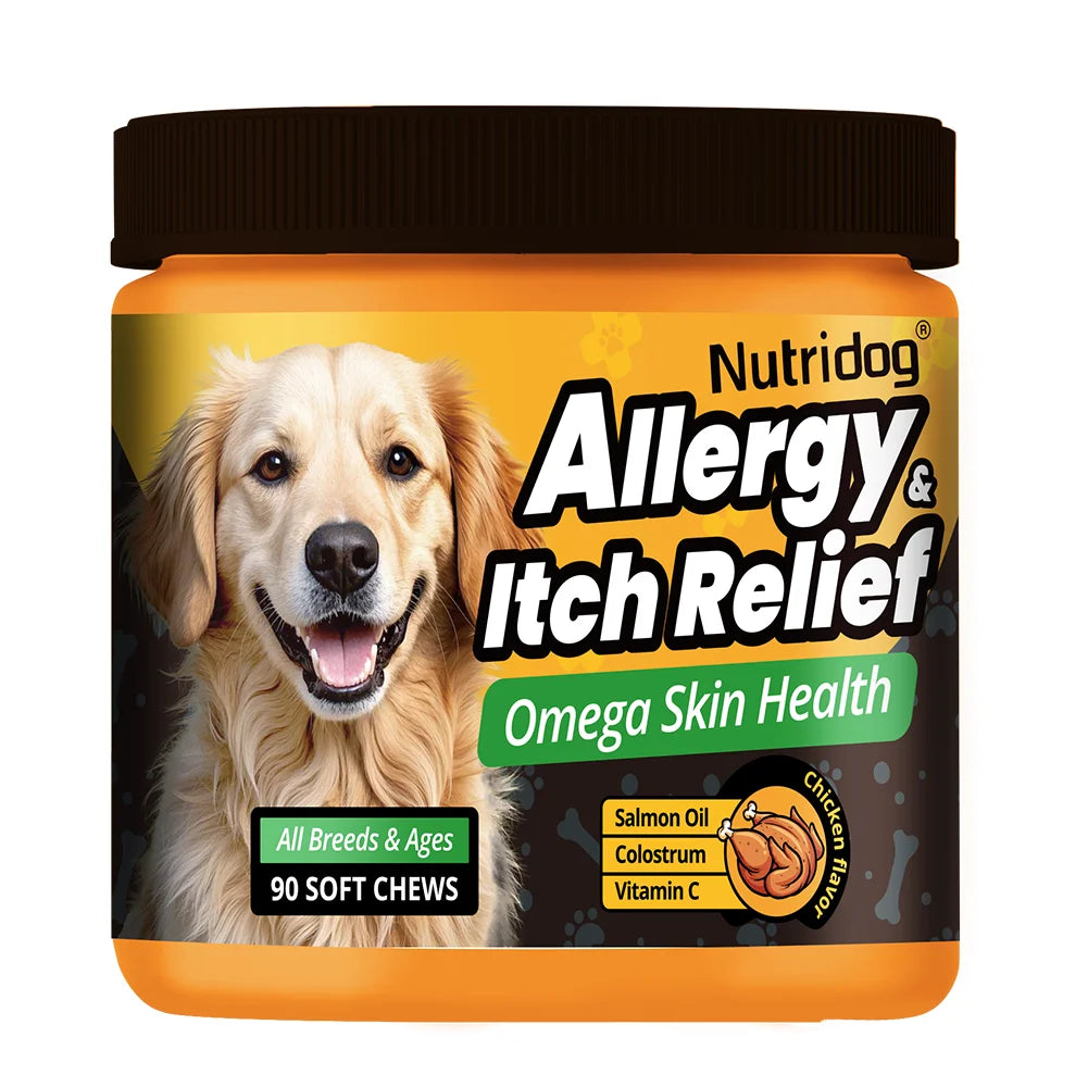 NUTRIDOG Dog Allergy Itch Relief Chews Omega-3 Vitamin C Support Skin For Dog Immune Health Supplement Nutrition 90 PCS/Bottle