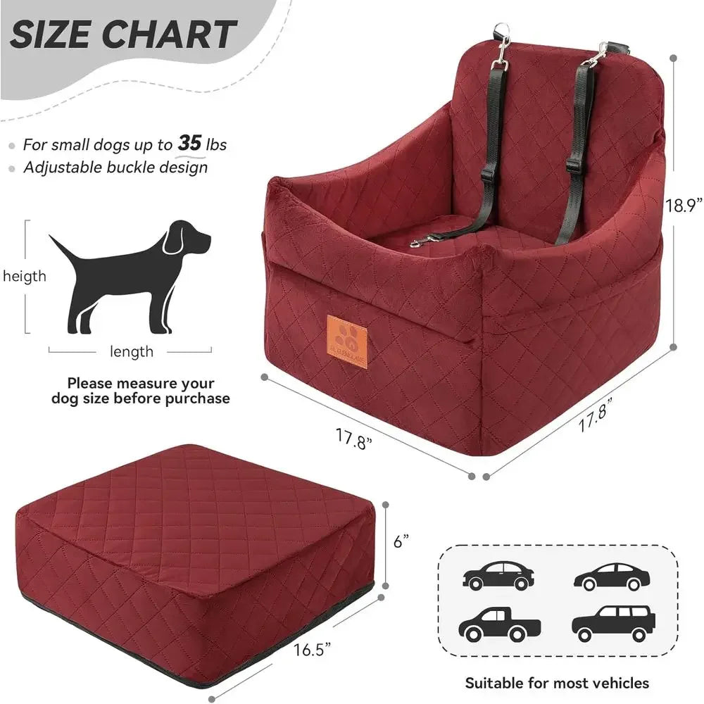 Pet Car Seat with Cushion for Small/Medium Dogs up to 35lbs, Washable, Detachable, with Storage Pockets and 2 Safety Belts - Red