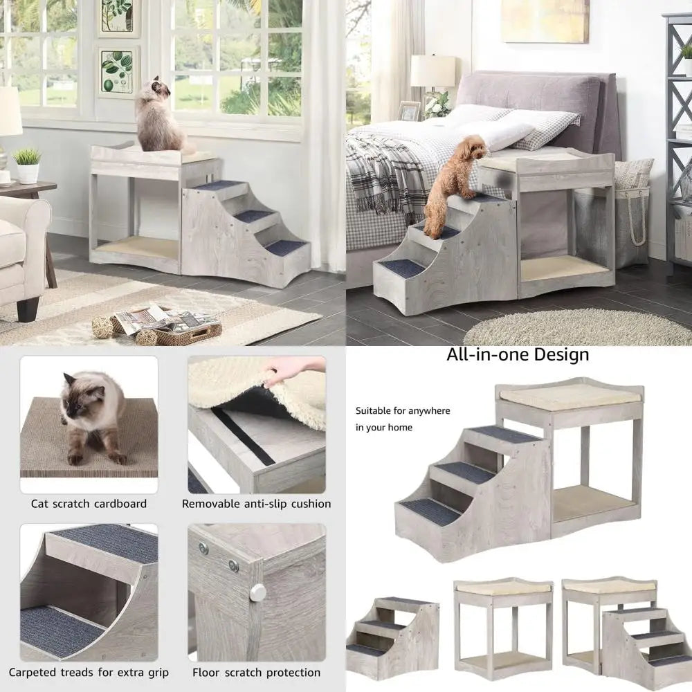 Pet Bunk Bed with Removable Step for Dogs and Cats, Multi-Level Bed Window Perch Seat Platform with Cushion and Cat Scratch Pad,