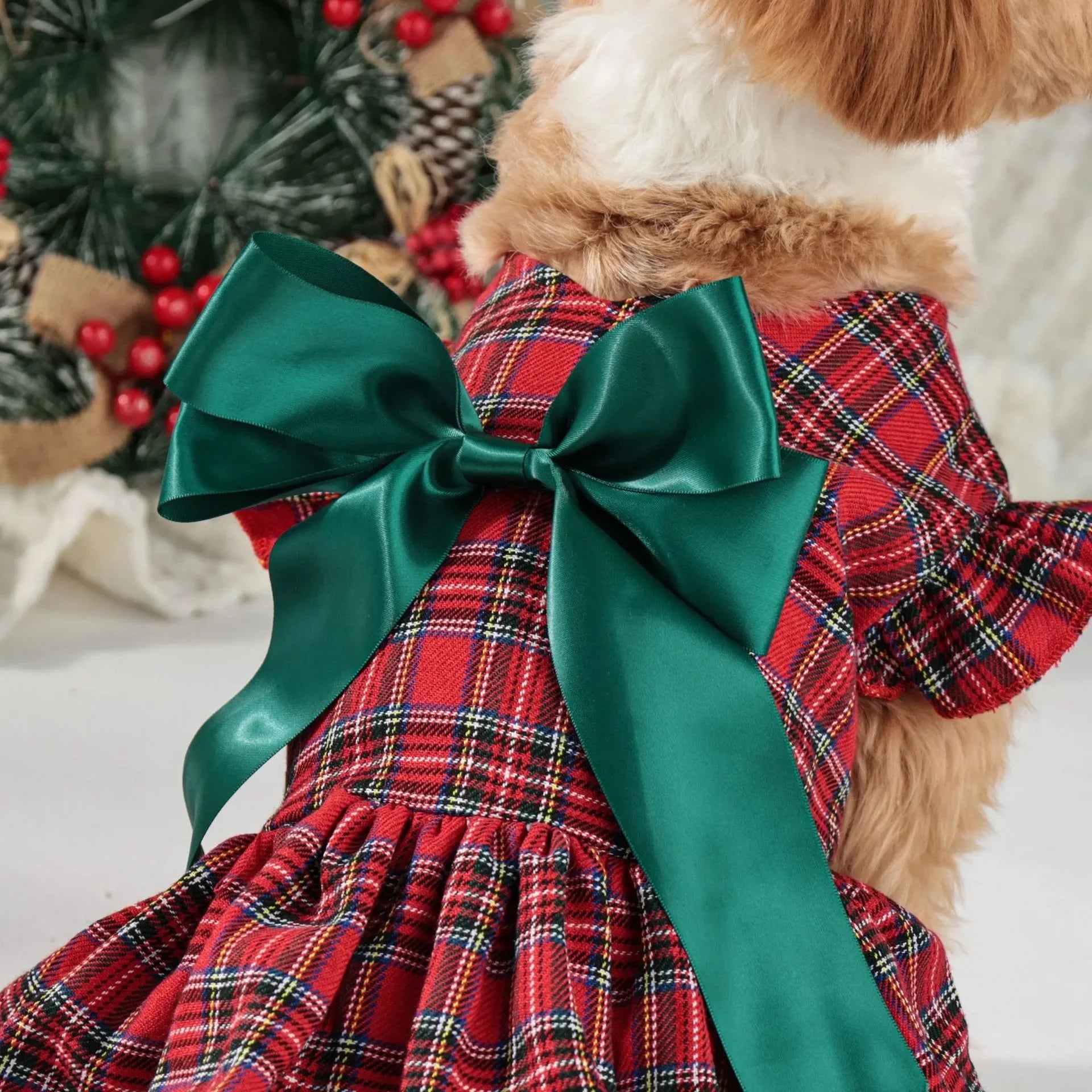 Christmas Plaid Pet Party Dress with Bow - Classic Outfit for Small Dogs