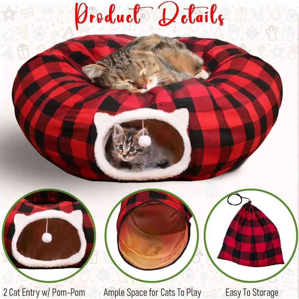 Christmas Tree Skirt with Cat Tunnel, Buffalo Plaid Bed, Dual-Entry Peekaboo Donut Tunnels for Pets