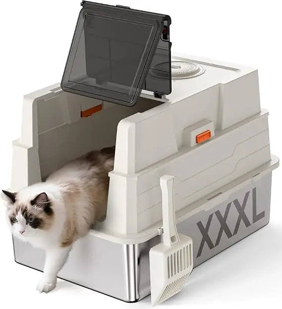 Extra Large 28L x 20.5W x 16.5H Stainless Steel Litter Box with Lid for Large and Multiple Cats - Enclosure Privacy Solution