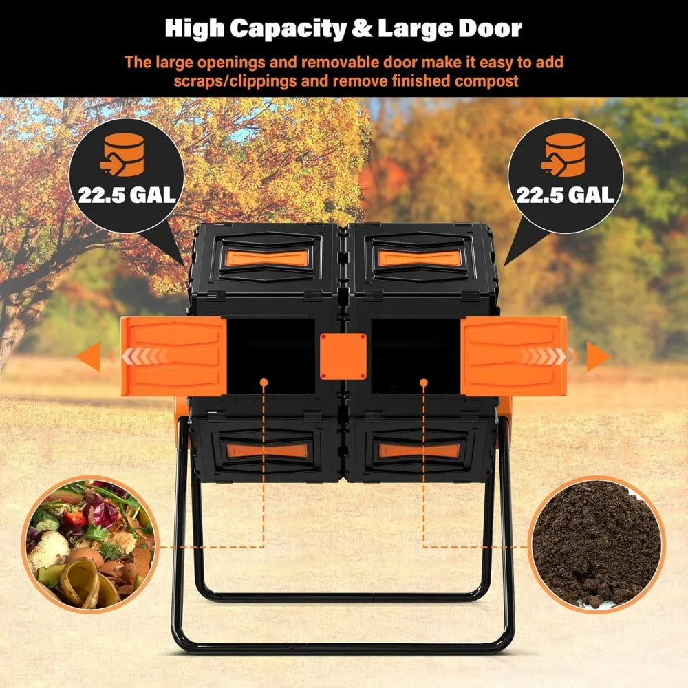 45 Gallon Dual Chamber Rotating Compost Bin for Efficient Outdoor Garden Waste Management