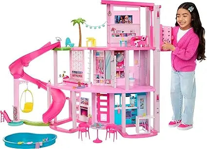 barbie dreamhouse, doll house playset with 75+ pieces including toy furniture & 3-story pool slide, pet elevator & puppy play ar