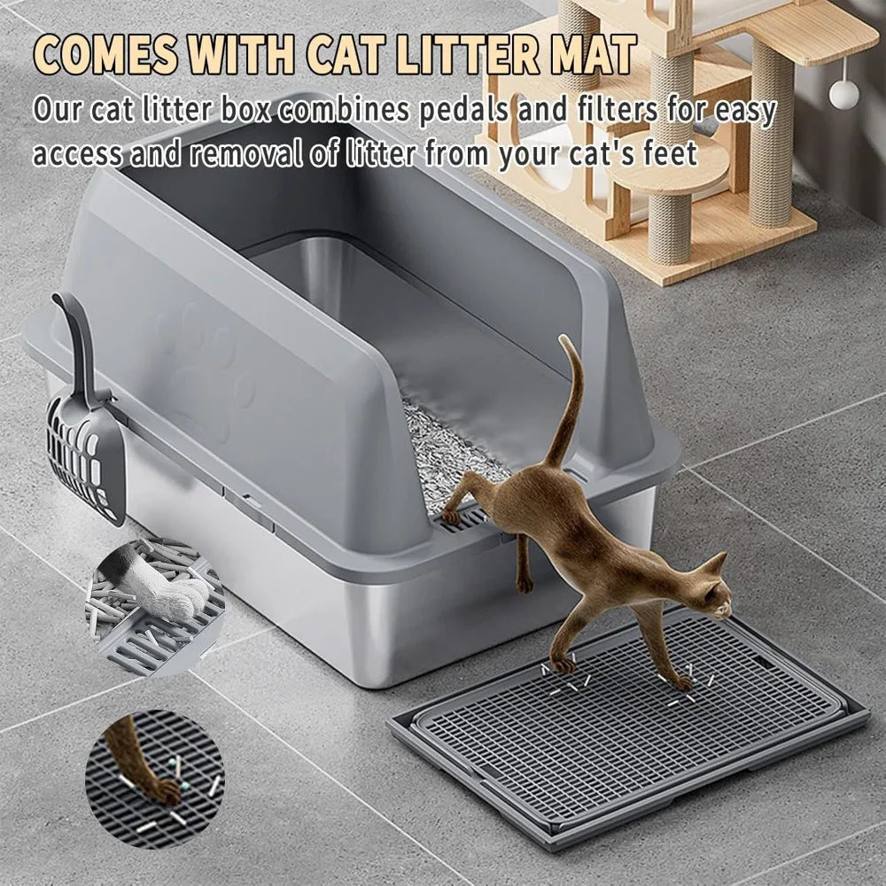 Large Stainless Steel Cat Litter Box with High Sides and Litter Mat for Easy Cleanup and Odor Control