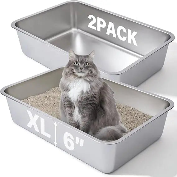 Extra Large Stainless Steel Cat Litter Boxes 2-Pack, 23.6x15.7x6 Deep, XL Metal Litterbox for Large Cats, Ideal for Big Cats wit