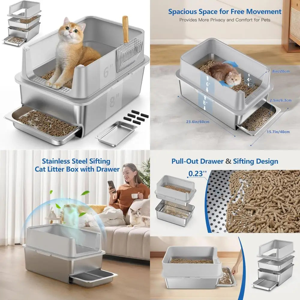 Extra Large Stainless Steel Sifting Litter Box with Drawers, 6 Lid & Metal Scoop, Ideal for XL Cats, Easy Clean Litter Tray