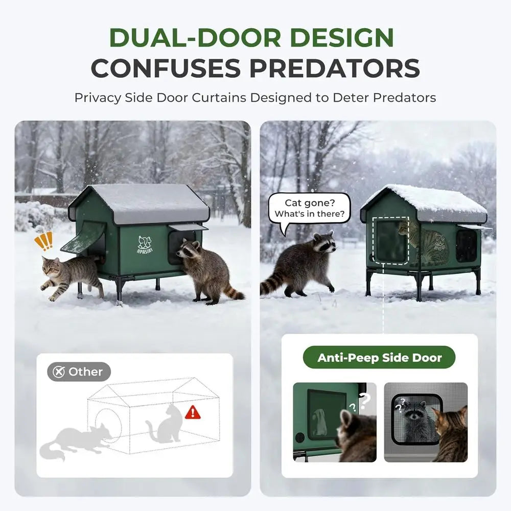 Durable Insulated Outdoor Heated Cat House with Escape Hatches, Anti-Peep Curtains, and Weatherproof Design for Small Cats