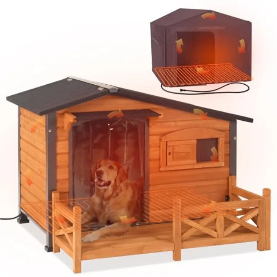 Extra Large Outdoor Heated Dog House XL Insulated Dog Kennel with Safe Heating Pad Chew-Proof Metal Frame 6-Sided Thermal Liner