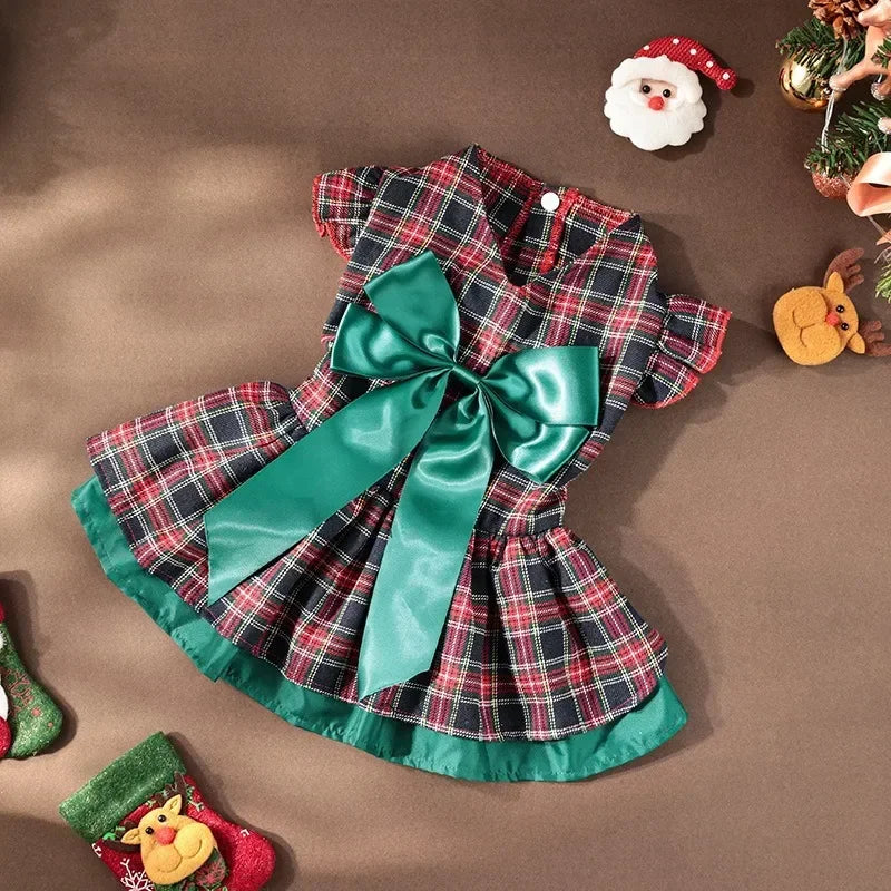 Christmas Plaid Pet Party Dress with Bow - Classic Outfit for Small Dogs