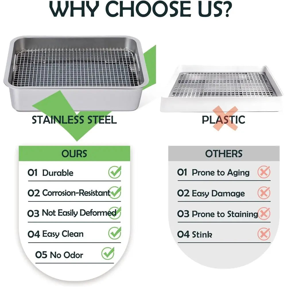 Rabbit Litter Box Stainless Steel, Large Bunny Litter Box with Raised Grid and Washable Pee Pad, Metal Litter Pan High Side for