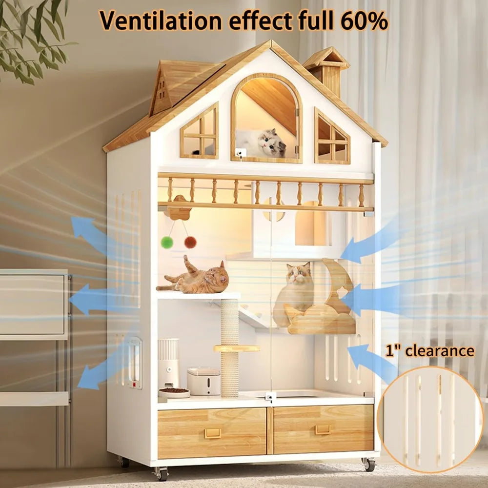 Enclosed Cat Condo, Large Wooden Cats House Indoor Cage Cat Enclosure on Wheels, Multi-Feature Enclosed Condo with Litter Box