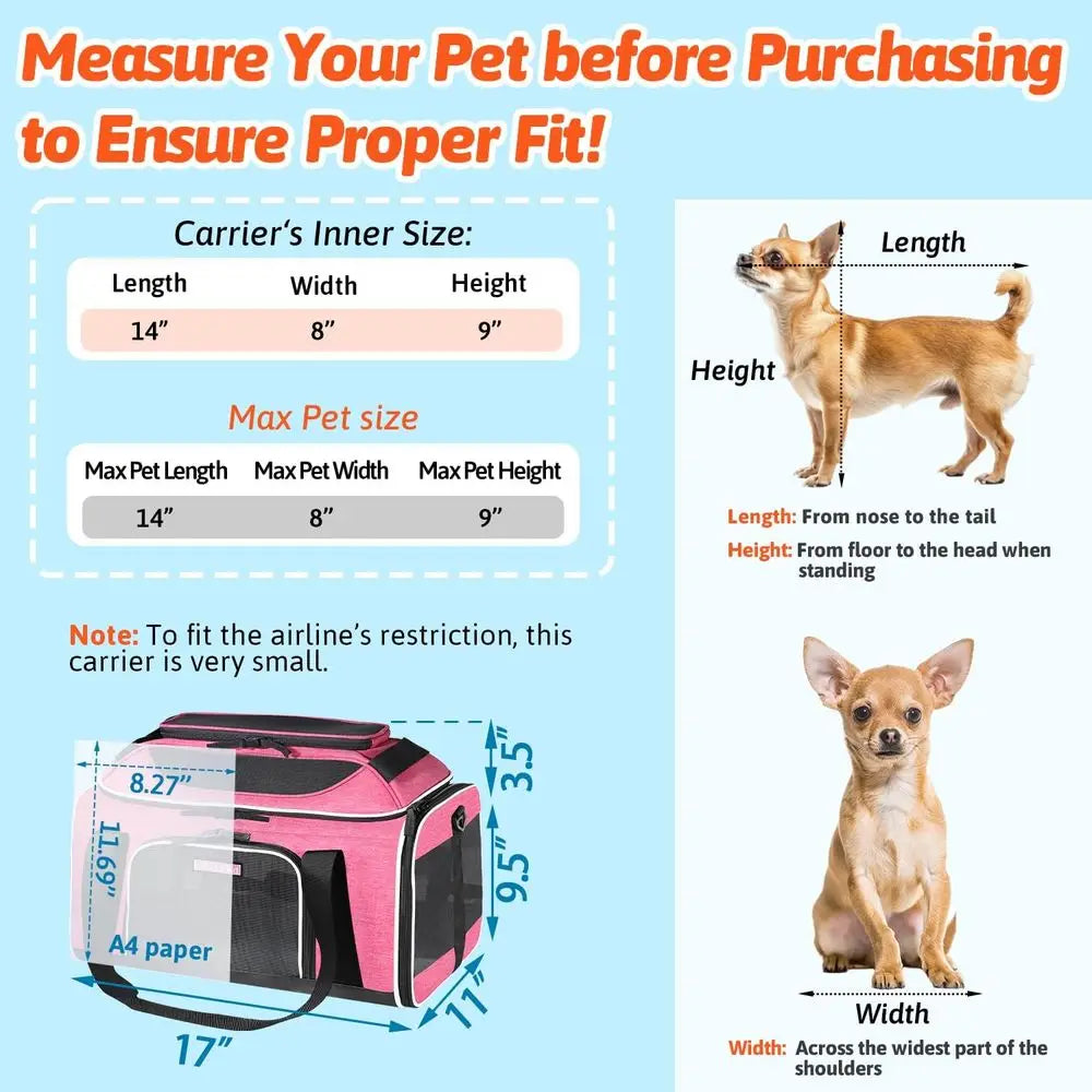 Expandable Pet Carrier 17x11x9.5 for Small Cats & Dogs, Airline Approved, Locking Zippers, Anti-Scratch Mesh, Pink