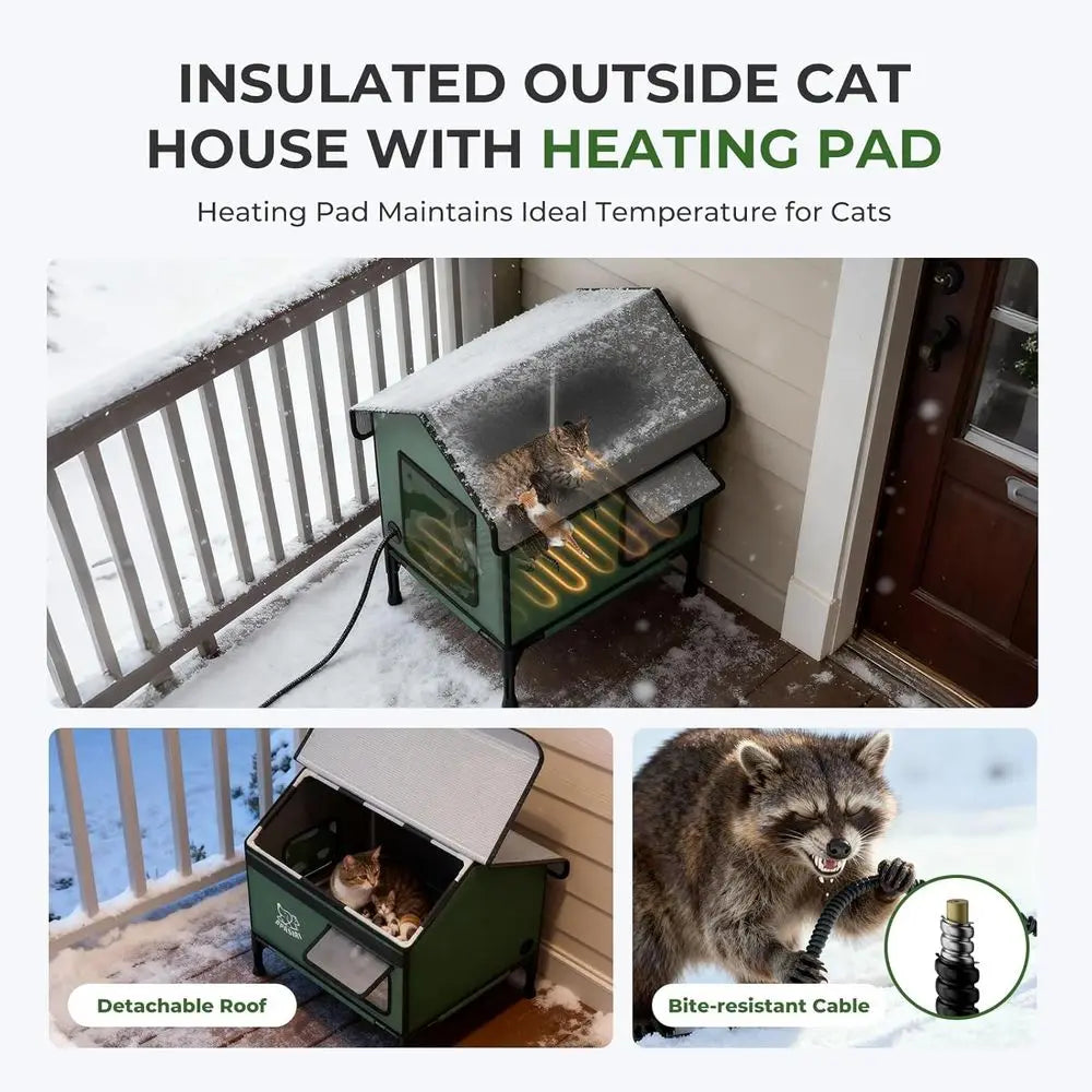 Durable Insulated Outdoor Heated Cat House with Escape Hatches, Anti-Peep Curtains, and Weatherproof Design for Small Cats