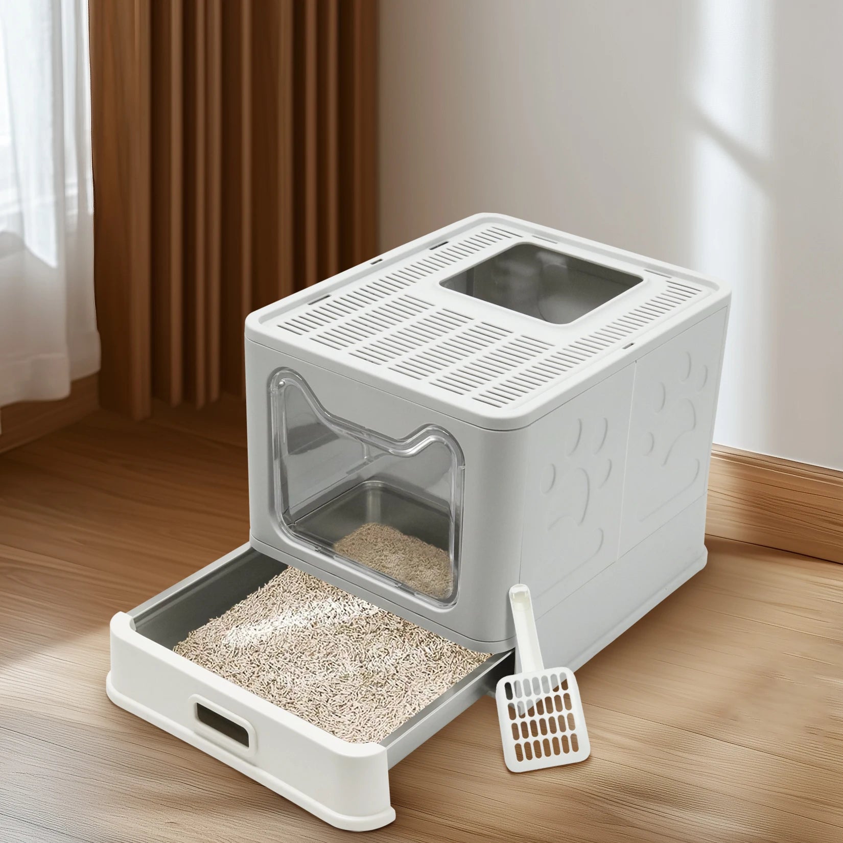 Bingopaw Stainless Steel Cat Litter Box with Lid Front Entry and Top Exit Toilet Box with Litter Scoop for Kittens,Easy Cleaning