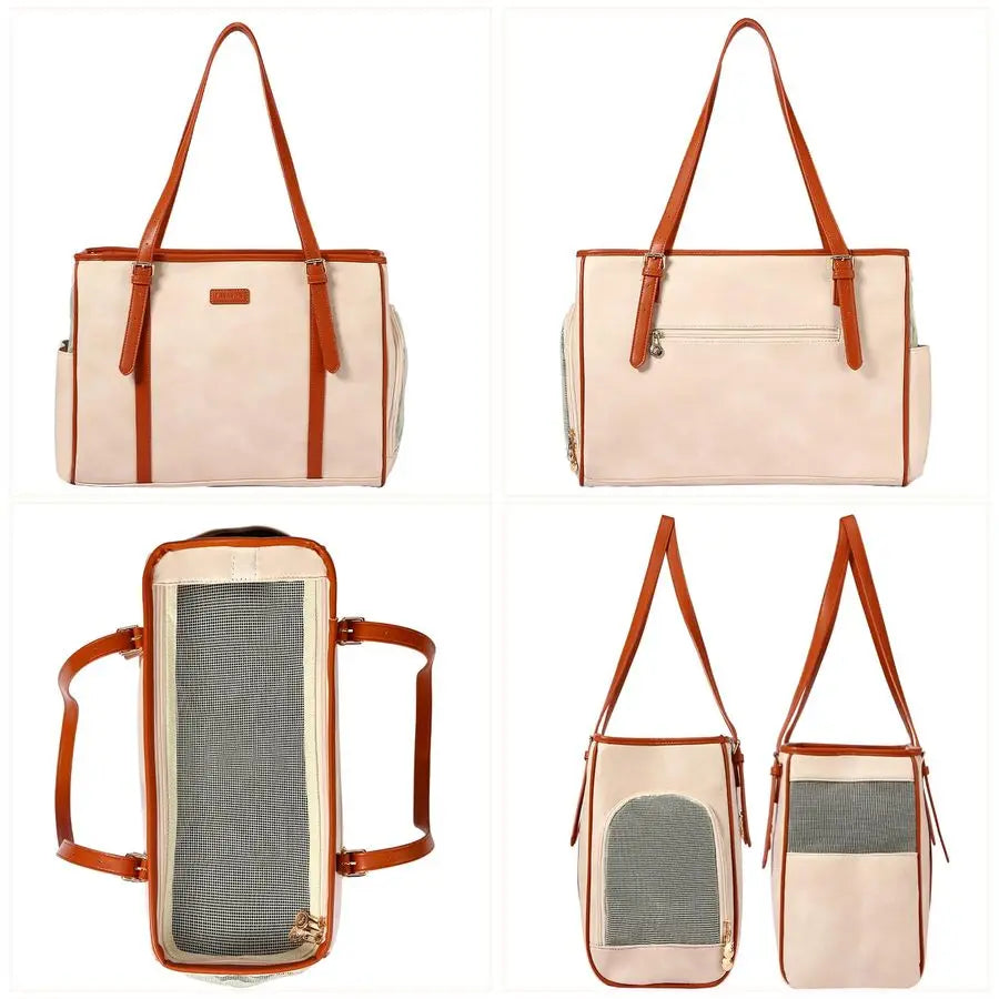 Dog Purse Pet Carrier Leather Bag for Small Dogs Cats Puppy, Portable Tote Bag Airline Approved SoftSided Carriers Beign