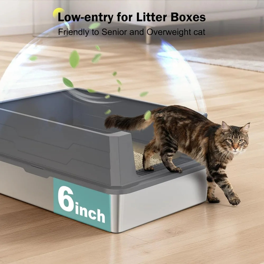 Stainless Steel Litter Box Extra Large for Big Cats Multi-Cats, Jumbo Extra Large Metal Cat Litter Box with High Sided Lid, Anti