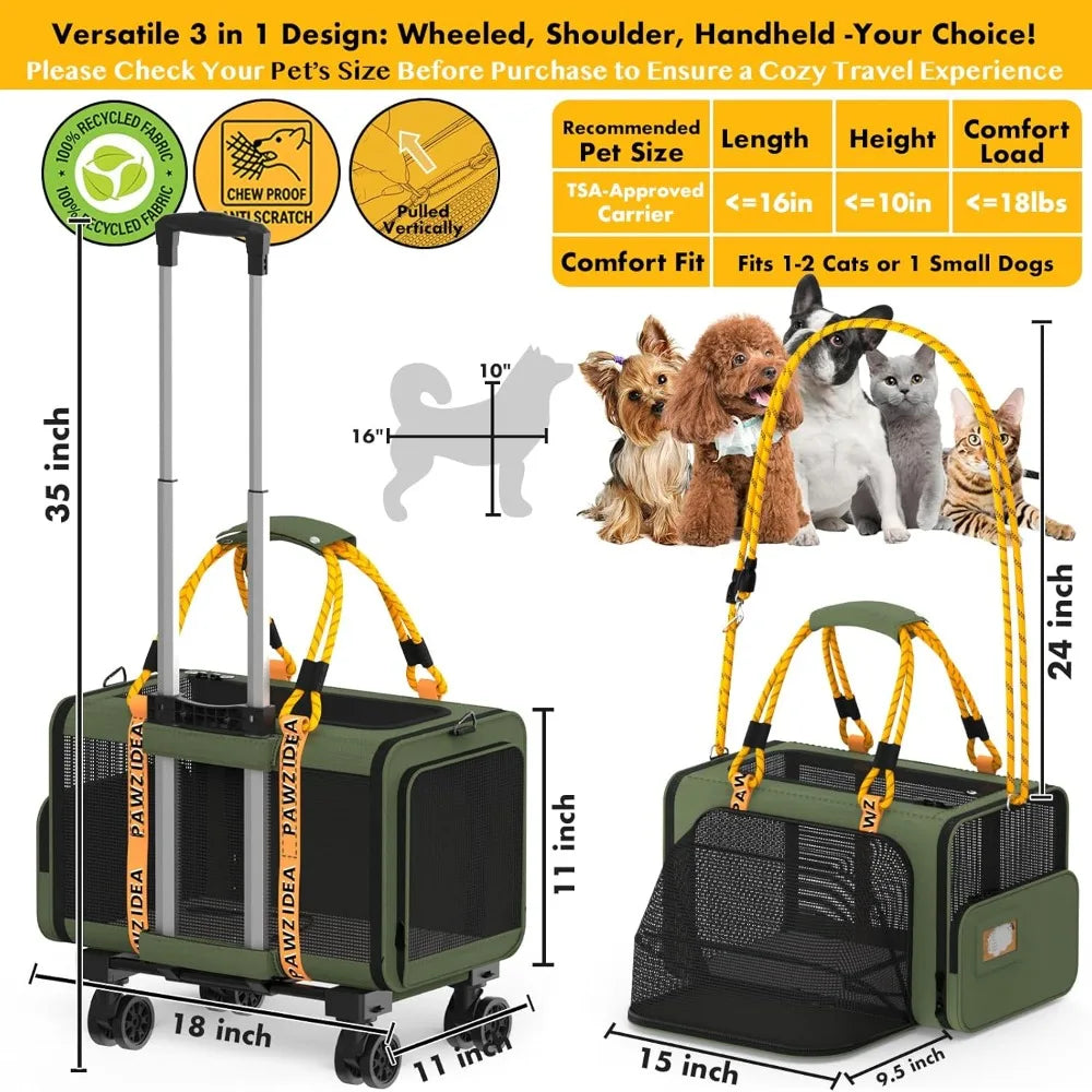Expandable Pet Carrier with Wheels, 18X11X11 TSA Airline Approved Cat Carrier for 2 Cats Under Seat, Foldable Soft-Side