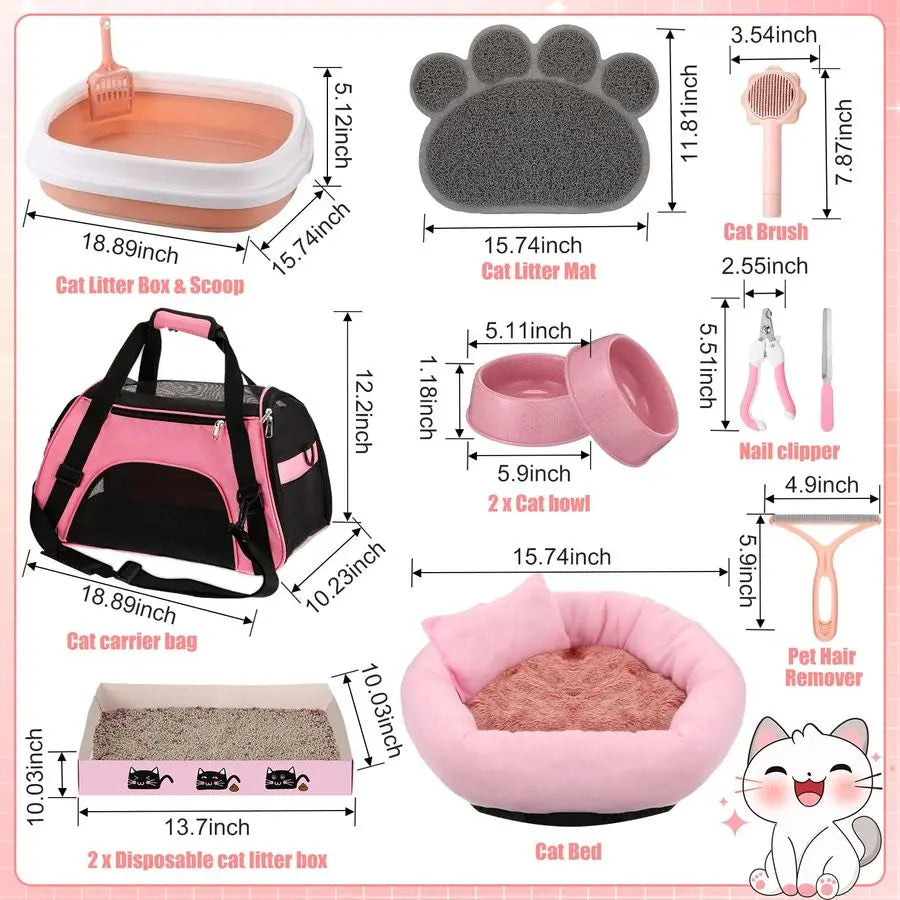 Pcs Kitten Starter Kit for Indoor Cats Include Cat Litter Box Toys, Hammock, Bed Scratch Pad, Climbing Post, Feed Bowls, Mat, Co