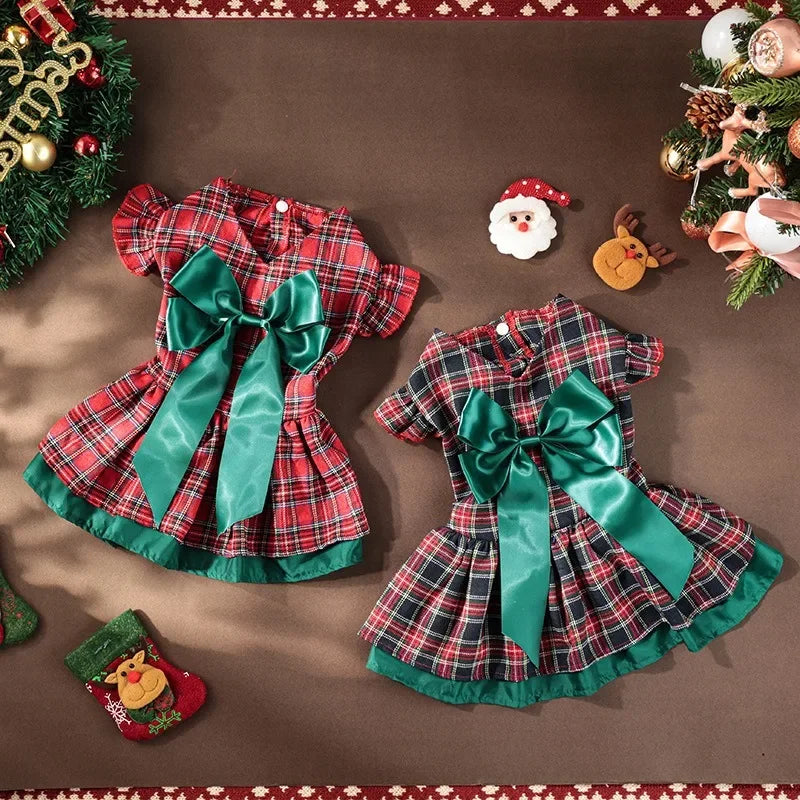 Christmas Plaid Pet Party Dress with Bow - Classic Outfit for Small Dogs