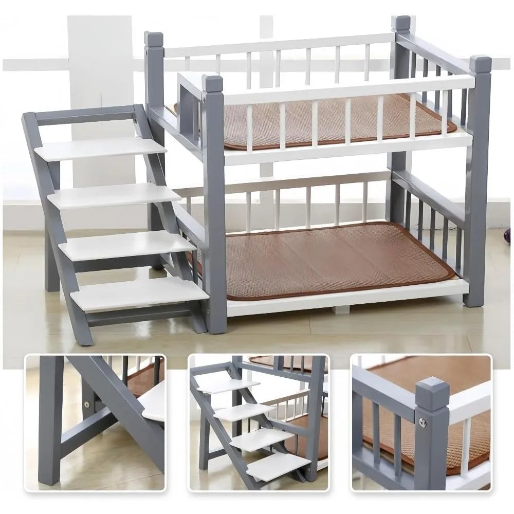 Double Layer Pet Bed with Stairs - Wooden Dog Bunk Bed for Medium to Large Dogs and Cats, Removable Cushions, Pink