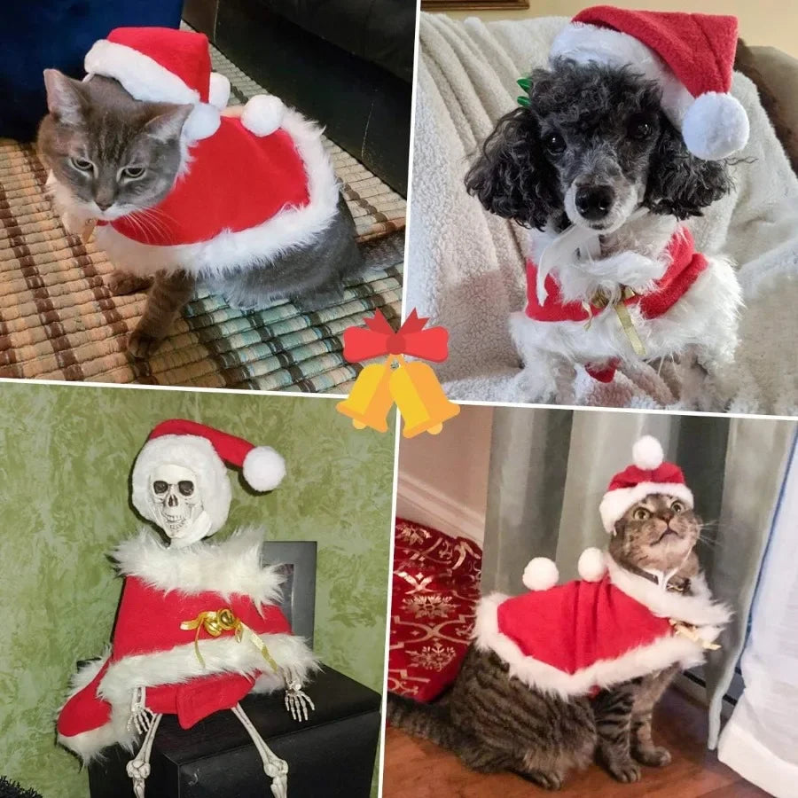 Pet Christmas Costume: Santa Hat & Red Warm Cloak for Cats, Small Dogs & Rabbits