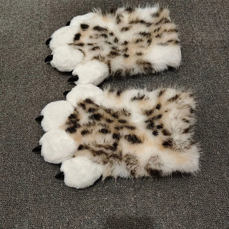 Faux Fur Snow Leopard Claws Fursuit Colorful Furry Cat Paw Halloween Dress Up Cosplay Costume Nail Tiger Claw Lolita Mittens