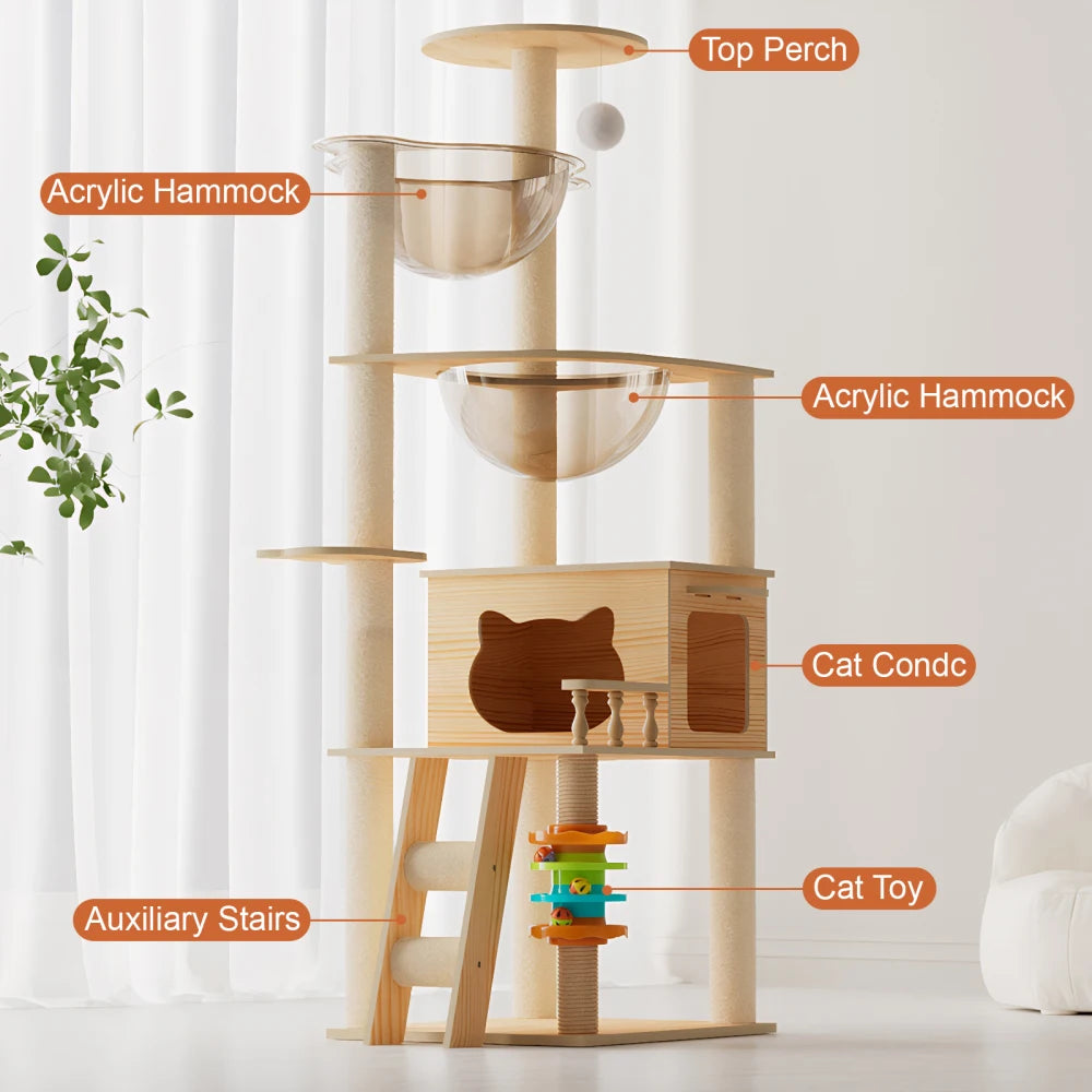 59" Modern Cat Tower, Wood Cat Tree Tower for Indoor Cats, Cat Treewith Sisal-Covered Scratching Posts and Top Perch
