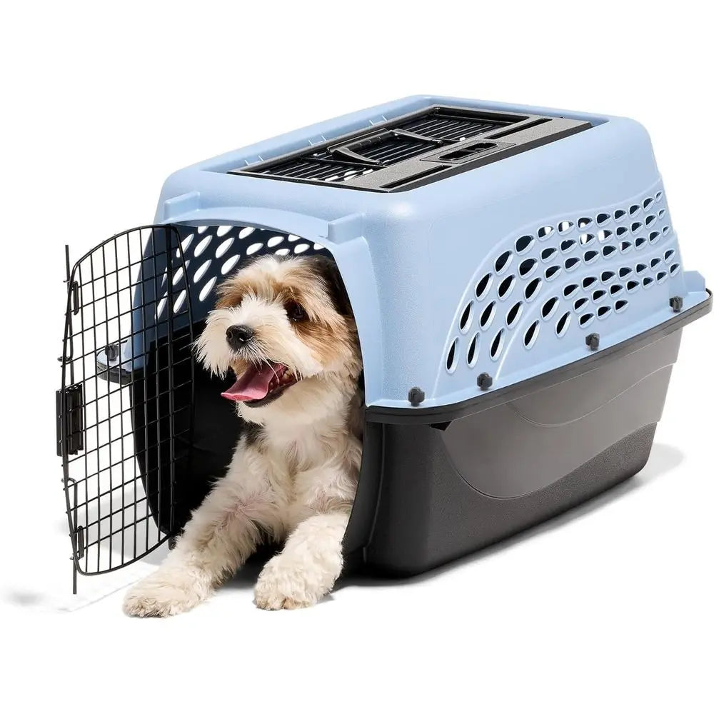 Dog Crates for Small Dogs & Cat Carriers, Two-Door Plastic Pet Kennel, Top & Front Loading, Made in USA, 24", Blue