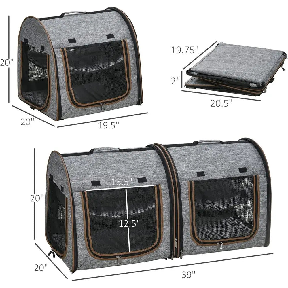 Portable Soft-Sided Cat Carrier for Travel, Dog Crate with Divider, Two Compartments, Cushions & Storage, Light Gray