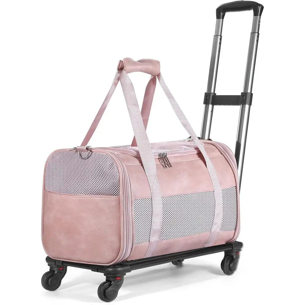 Airline Approved Pet Carrier with Wheels, Rolling Soft Sided Dog Cat Travel Bag, Premium Fashion Leather Small Pet Carrier Purse