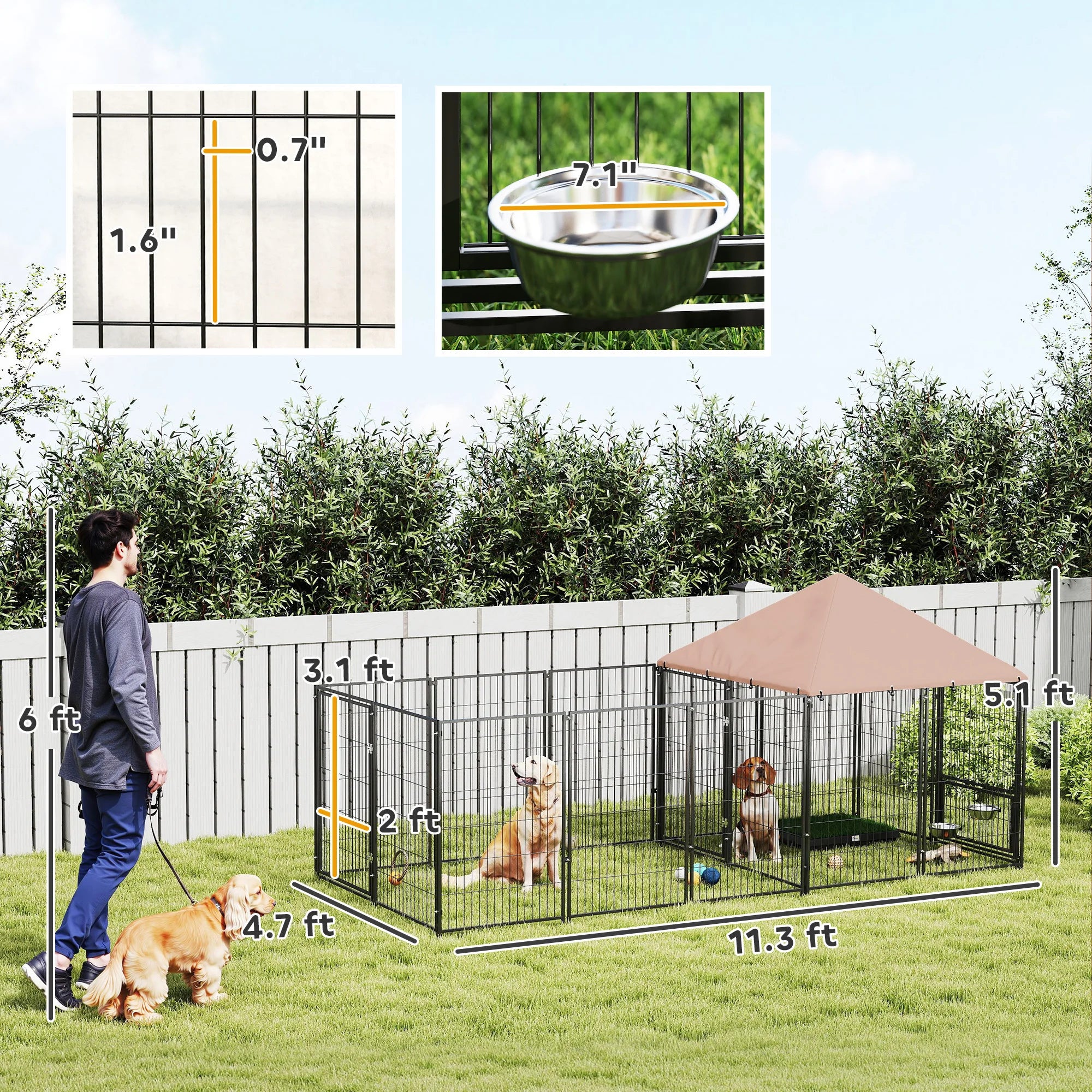 Dog Kennel Outdoor with Rotating & Adjustable Height Bowls