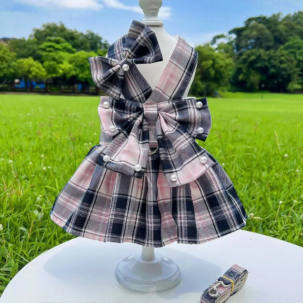 JK-Style Checkered Pet Dress Set - Bow Tie Harness Leash for Dogs & Cats (Christmas/Cosplay)