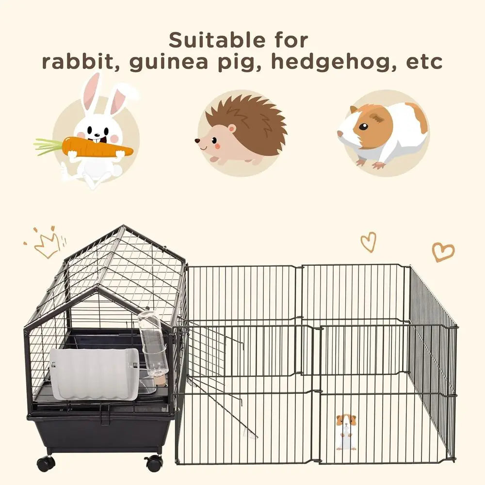 Small Animal Cage with Foldable Run Area, Rolling Bunny Cage, Guinea Pig Cage, Hedgehog Cage with Water Bottle, Water Bowl, and