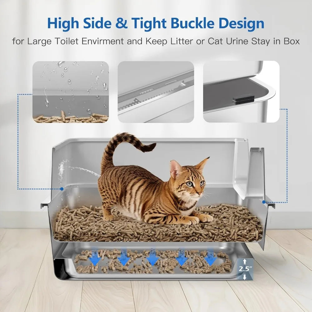 Extra Large Stainless Steel Sifting Litter Box with Drawers, 6 Lid & Metal Scoop, Ideal for XL Cats, Easy Clean Litter Tray