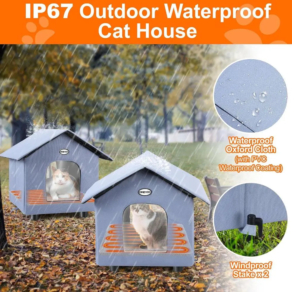 Double-Door Insulated Outdoor Cat House with Heated Bed for Winter, Weatherproof Shelter for Feral Cats and Small Pets (Blue)