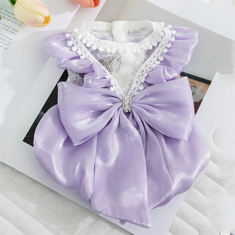 Adorable Small Dog Tutu Dress with Bowknot Lace Princess Puppy Clothes Outfit Apparel Female Cute Cat Skirt Patchwork Pet Dress